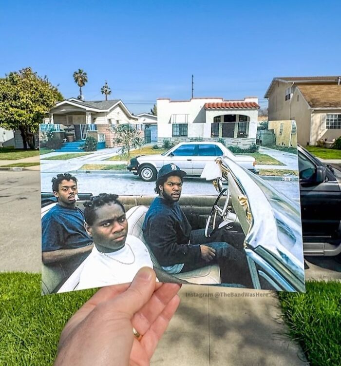 Side-by-side photo of iconic location and a group in a car; famous location captured by Steve Birnbaum.