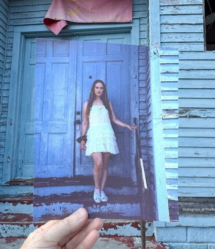 Side-by-side image of an iconic location with a legend who made it famous, featuring a blue door backdrop.