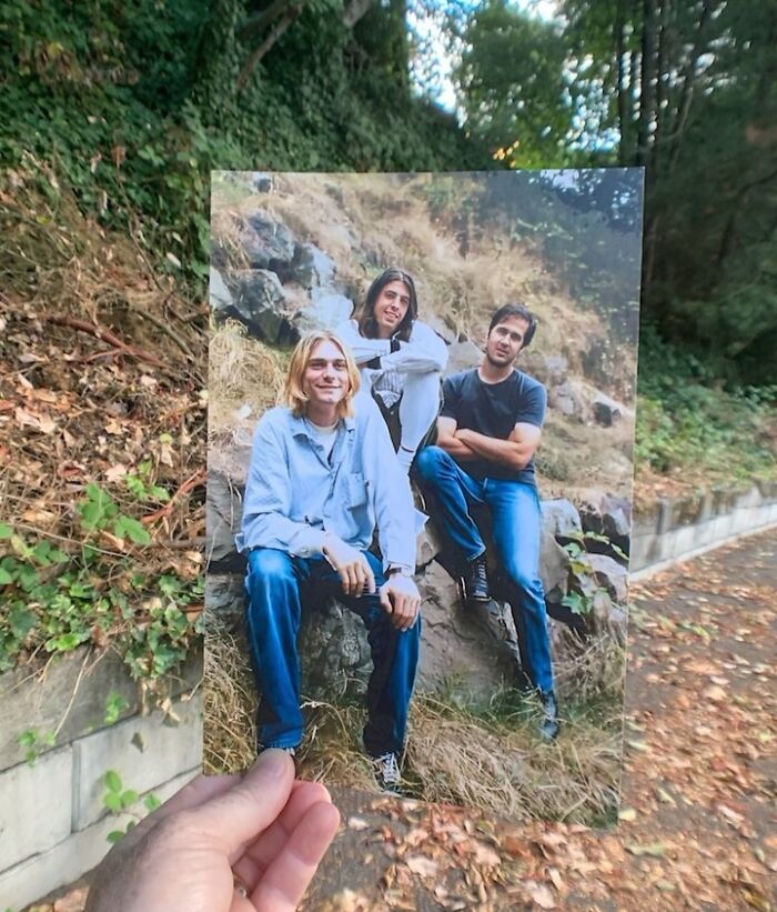 Iconic location photo held side by side with original, featuring legends who made it famous, nature background.