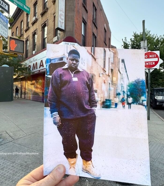 Iconic location with a historic photo by Steve Birnbaum, blending past and present at a famous street corner.