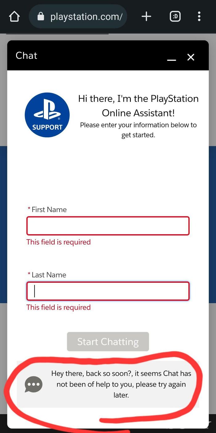 PlayStation customer support chat showing useless response asking user to try again later without help.