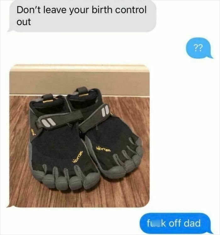 Text exchange with image of Vibram toe shoes as humorous birth control, showcasing weaponized words.