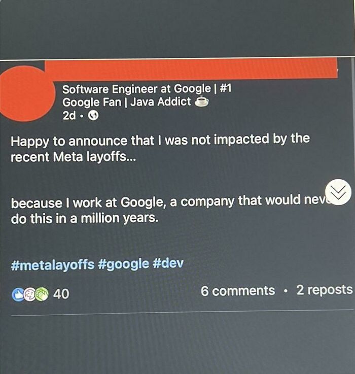 Social media post about layoffs, highlighting a future prediction aged bad regarding job security at Google.