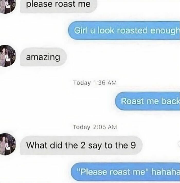 Text exchange where words are humorously weaponized in a roasting challenge.