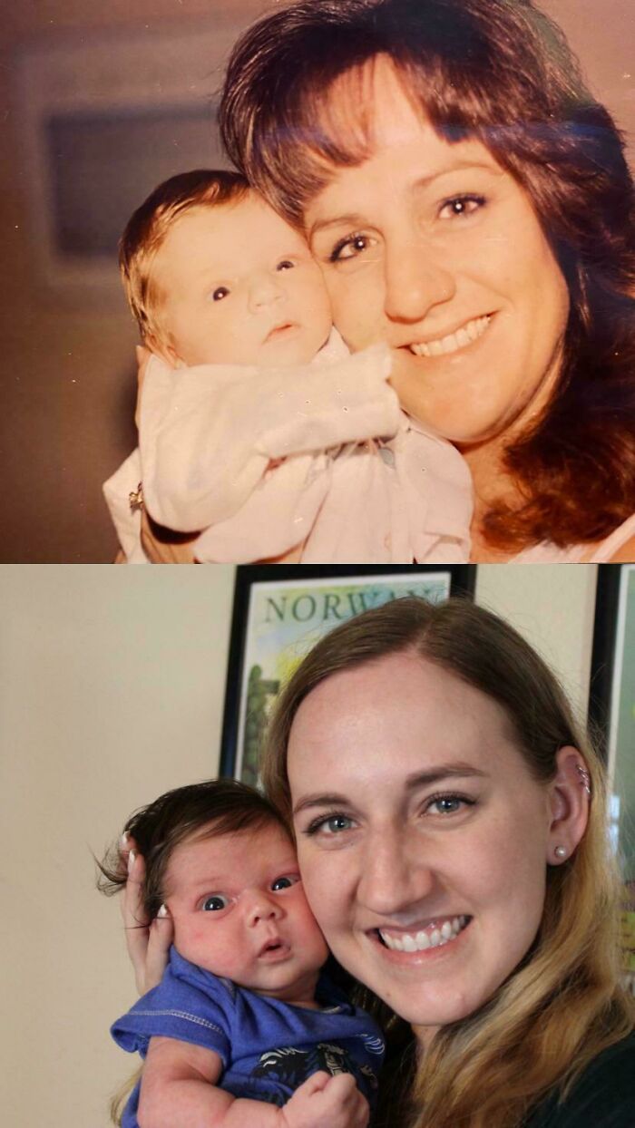 Two similar photos featuring a woman holding a baby, capturing past and present recreations.