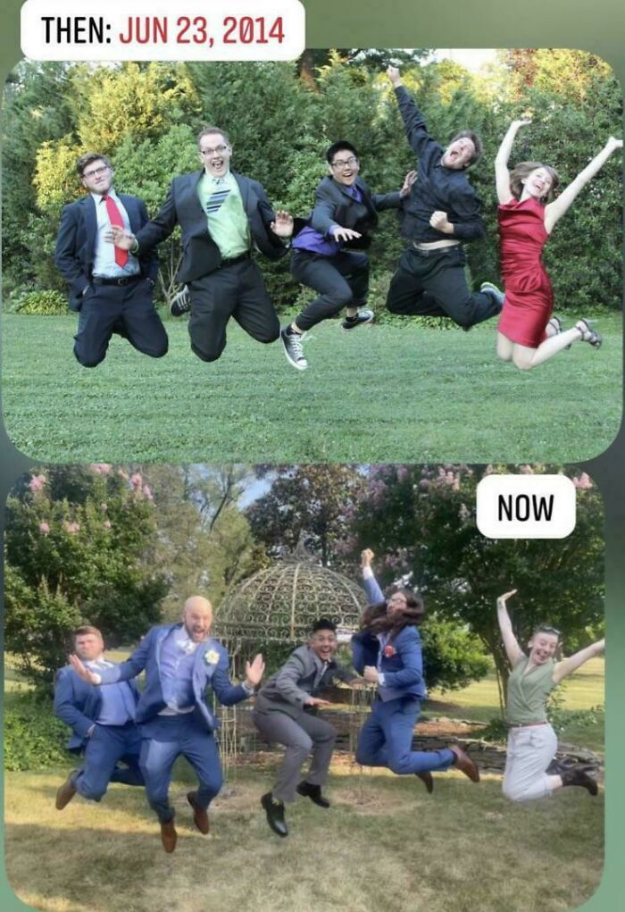 Group of friends recreating a past jumping photo from 2014 in matching poses, dressed in new formal outfits.