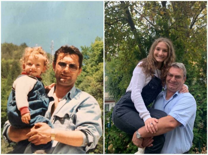 Man holding a child then and now, recreating past photographs with a grown girl in similar pose.
