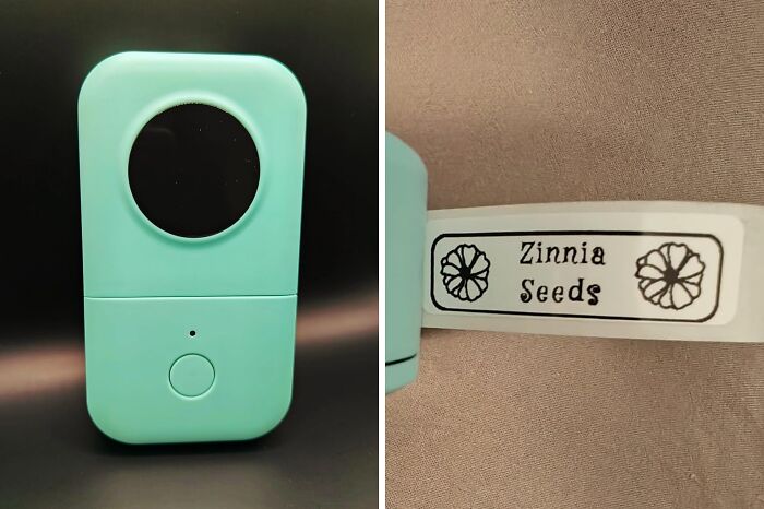 Turquoise tech gadget on display, showing details and a close-up of a label, relevant to work from home tech essentials.