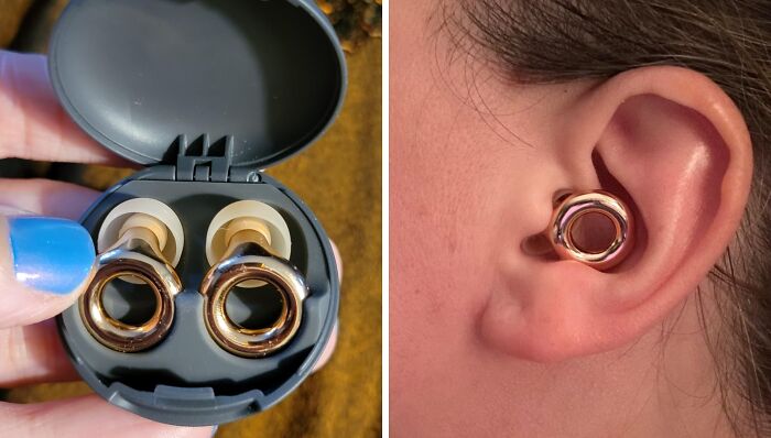 Earplugs in a case and worn in an ear, essential for work-from-home tech setups.