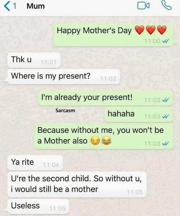 Text conversation showcasing witty wordplay between a child and their mom.
