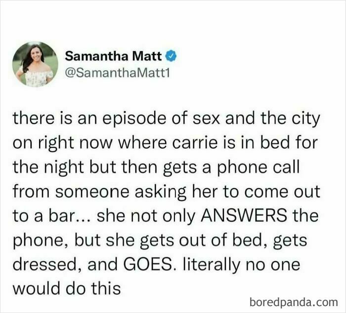Tweet about a "S*x and the City" episode, humorously relatable to tired millennials.