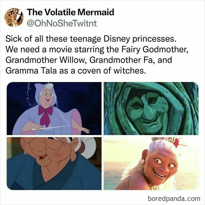 Four Disney grandmothers in a meme for tired millennials, suggesting a movie featuring them as a coven of witches.