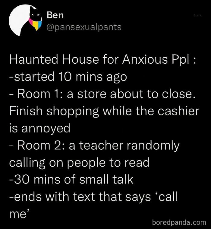 Meme about relatable millennial anxieties: haunted house with a store closing, teacher calling, and small talk fears.