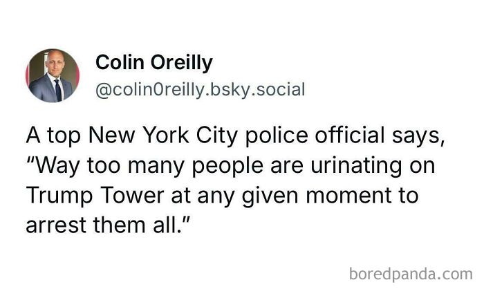 Tweet by Colin Oreilly quoting a NYC police official on unusual public behavior in a humorous sentence only they could say.