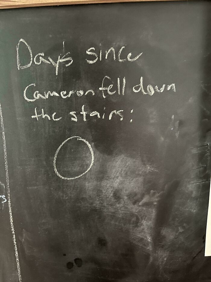 Chalkboard humor with "Days since Cameron fell down the stairs: 0" for mild amusement.