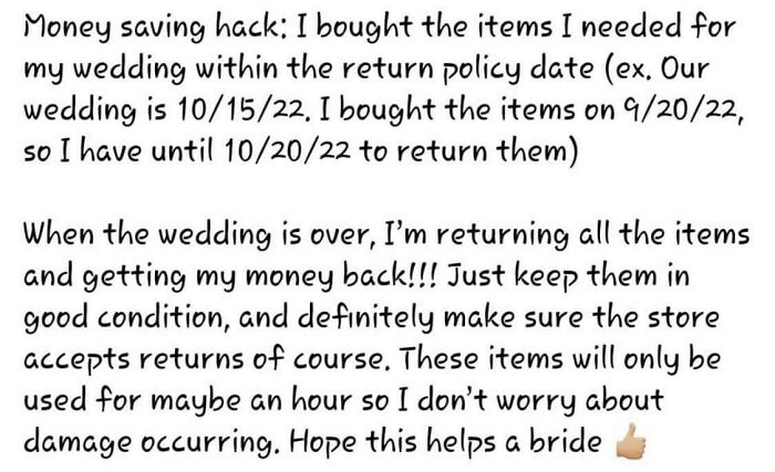Text screenshot detailing a money-saving hack for budget-wedding planning, involving returning items post-wedding.