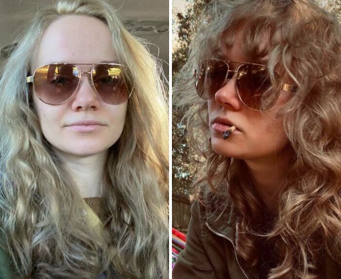 Person with a daring haircut transformation, showing before and after styles, wearing sunglasses.
