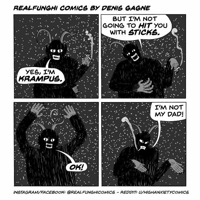 Comic by Dennis Gagne featuring Krampus humorously refusing to use sticks, with an unexpected twist.