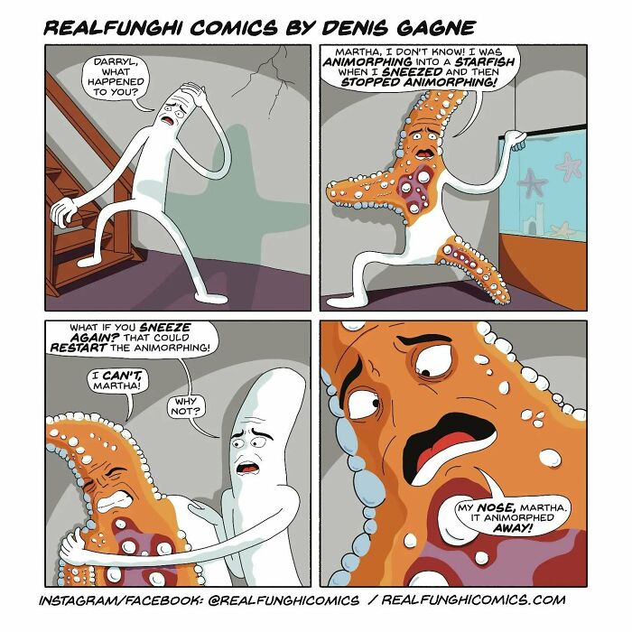 Comic by Dennis Gagne featuring characters discussing a failed starfish animorphing attempt with a humorous twist.