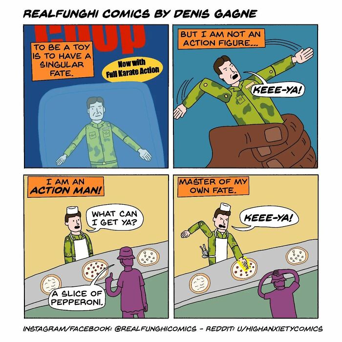 Comic strip by Dennis Gagne with a toy action figure defying its role, humorously serving pizza slices.