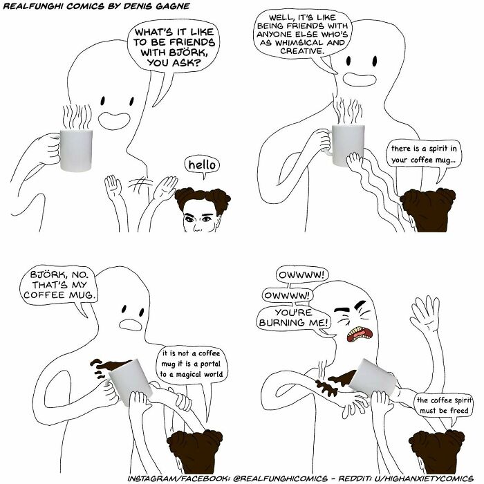 Absurd comic by Dennis Gagne featuring a conversation with a sentient coffee mug and unexpected twist.