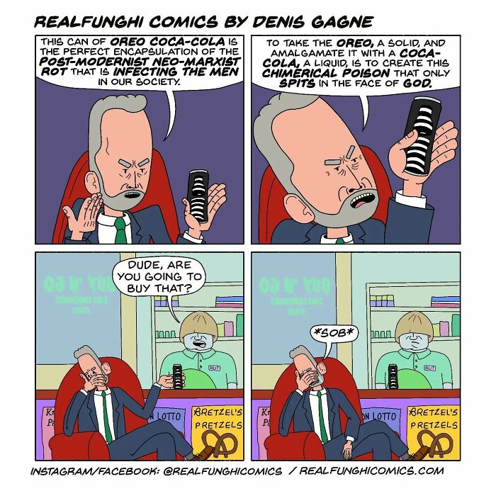 Comic by Dennis Gagne featuring a man dramatically reacting to a can with unexpected humor.