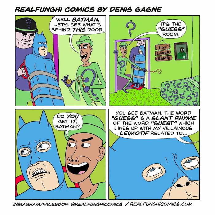 Absurd comic by Dennis Gagne featuring Batman and the Riddler discovering the "Guess" room with a humorous twist.