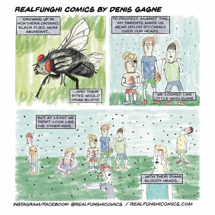 Absurd comic by Dennis Gagne shows children wearing stockings to avoid flies, resembling hooligans.