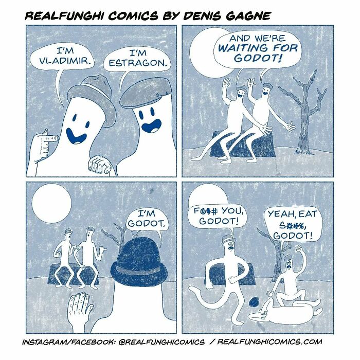 Absurd comic by Dennis Gagne with unexpected twist; characters react humorously to meeting "Godot."
