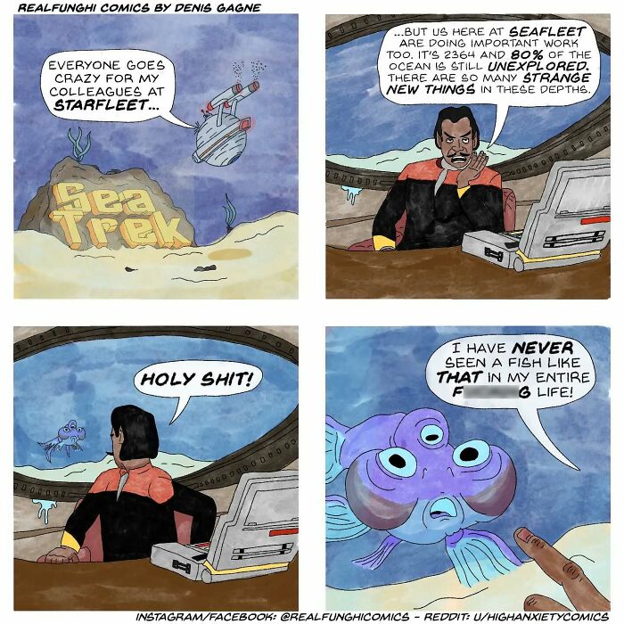 Comic by Dennis Gagne showing a character reacting humorously to a bizarre fish under the sea.