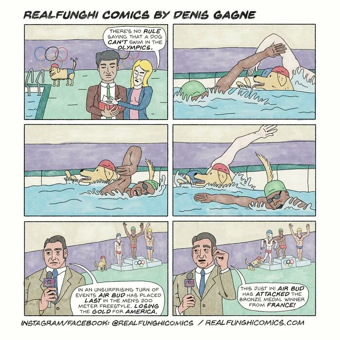 Comic by Dennis Gagne: A dog swims in the Olympics, causing unexpected chaos and hilarious outcomes.