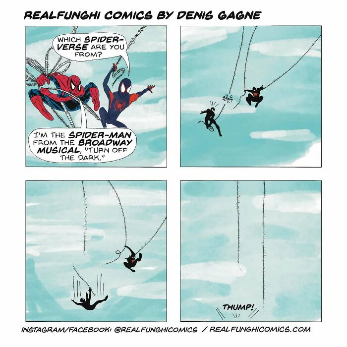 Absurd comic showing Spider-Men discussing origins, with a twist ending by Dennis Gagne.