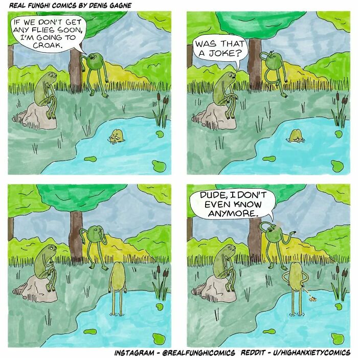 Absurd comic by Dennis Gagne featuring frogs with a humorous and unexpected ending by a pond.