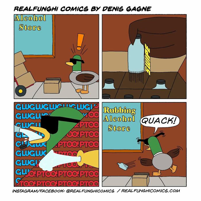 A duck in an absurd comic finds rubbing alcohol in a store with a humorous twist.