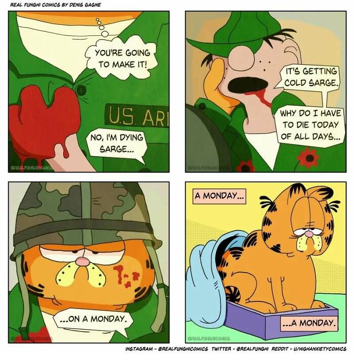 Absurd comic by Dennis Gagne with unexpected ending involving military cats and a humorous Monday theme.