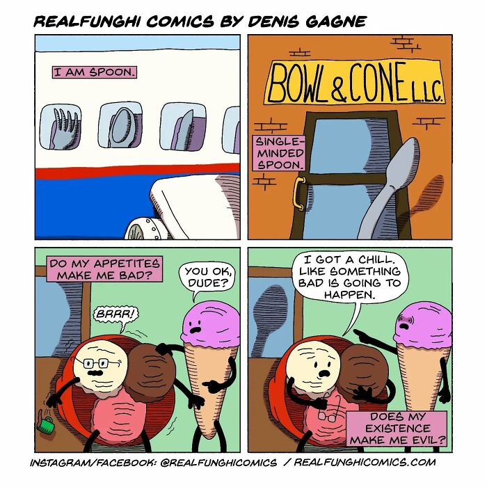 Absurd comic by Dennis Gagne featuring ice cream cones discussing existential thoughts with a spoon.