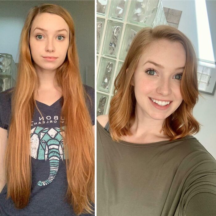 Before and after transformation of a woman's haircut, showcasing her new shorter style.