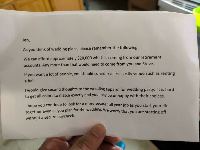 Letter discussing budget constraints for wedding and financial concerns, emphasizing cost-saving measures.