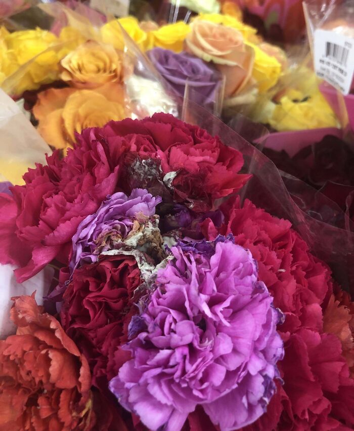 Wilted flowers in a bouquet, illustrating Valentines Day fails with dead petals among vibrant blooms.