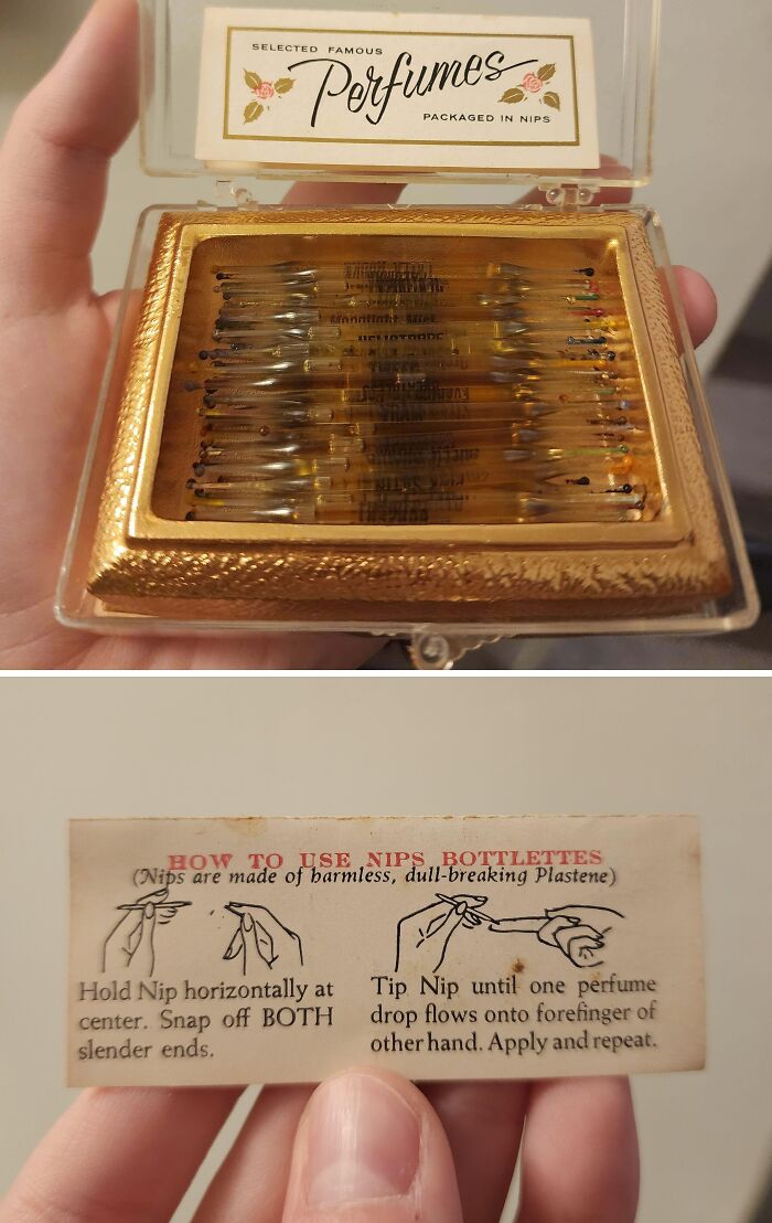 Vintage perfume set in glass vials, labeled "Selected Famous Perfumes," with instructions for use. Cool-old-things.