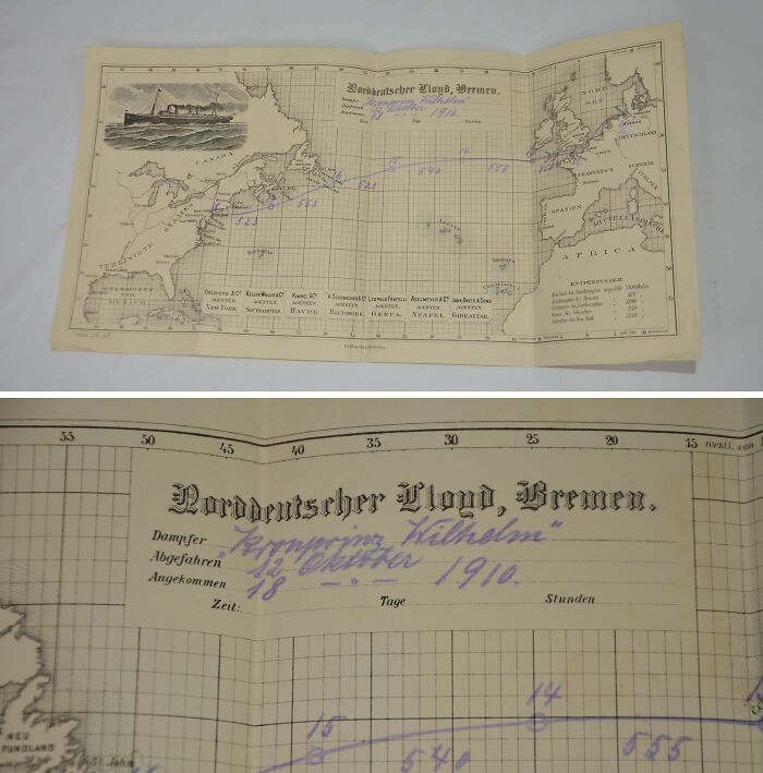 Cool-old-things: Vintage Bremen map with ship route from 1910, featuring handwritten notes and nautical details.