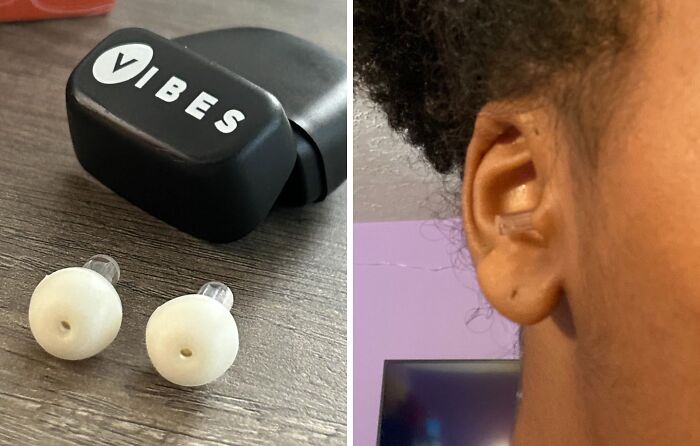 Vibes earplugs displayed on a table and in an ear, a sought-after Shark Tank item.
