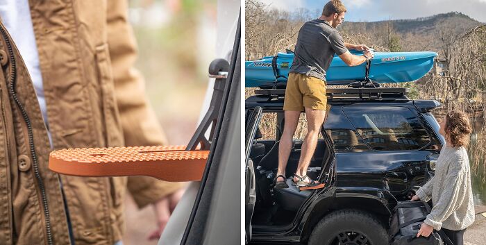 Car step gadget from Sharktank helps man load kayak onto SUV roof.