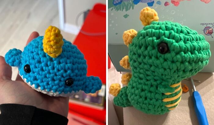 Crocheted dinosaur and whale toys from Sharktank, featured for their unique designs.