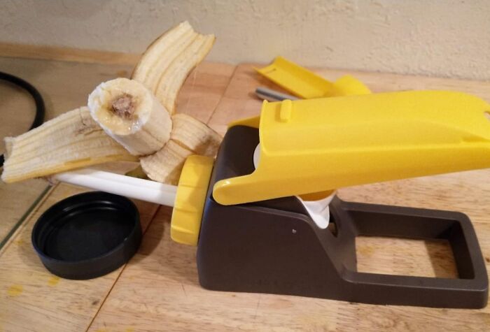 Banana slicer from Sharktank on a wooden table, showcasing kitchen gadget appeal.
