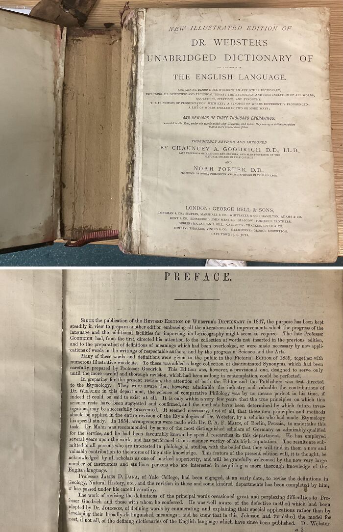 Cool-Old-Things: Vintage edition of Dr. Webster's Unabridged Dictionary, showing title page and preface, worn and aged appearance.