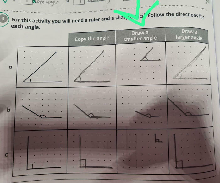 Actividad de ángulos con flecha verde y errores divertidos por niños.
