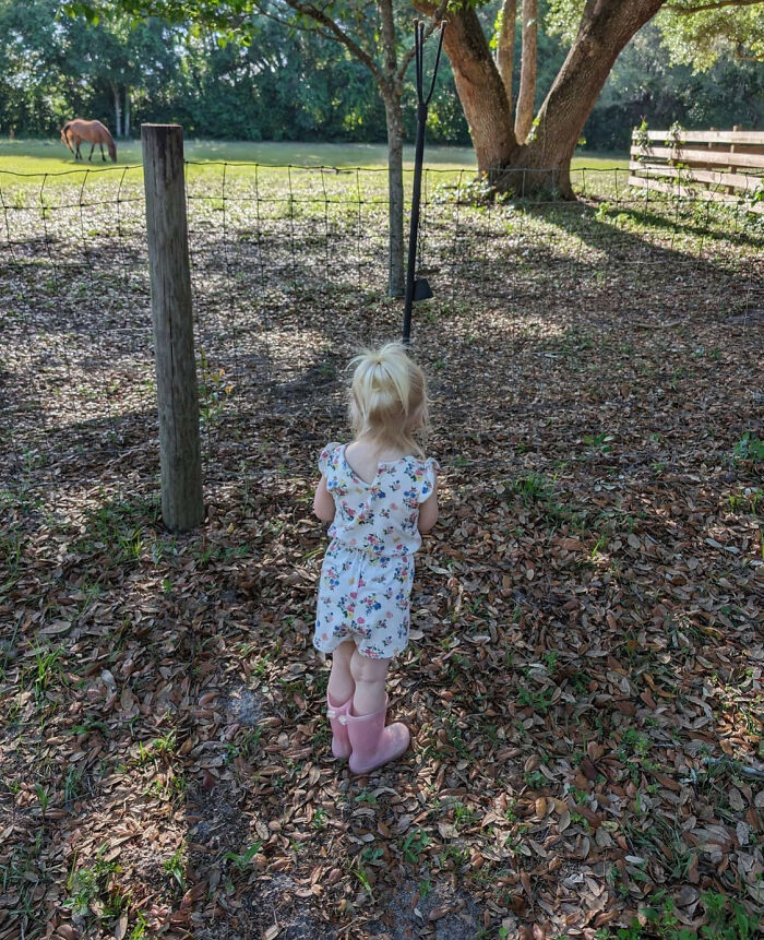 A young child wearing pink boots stands near a fence, with a horse grazing in the background.