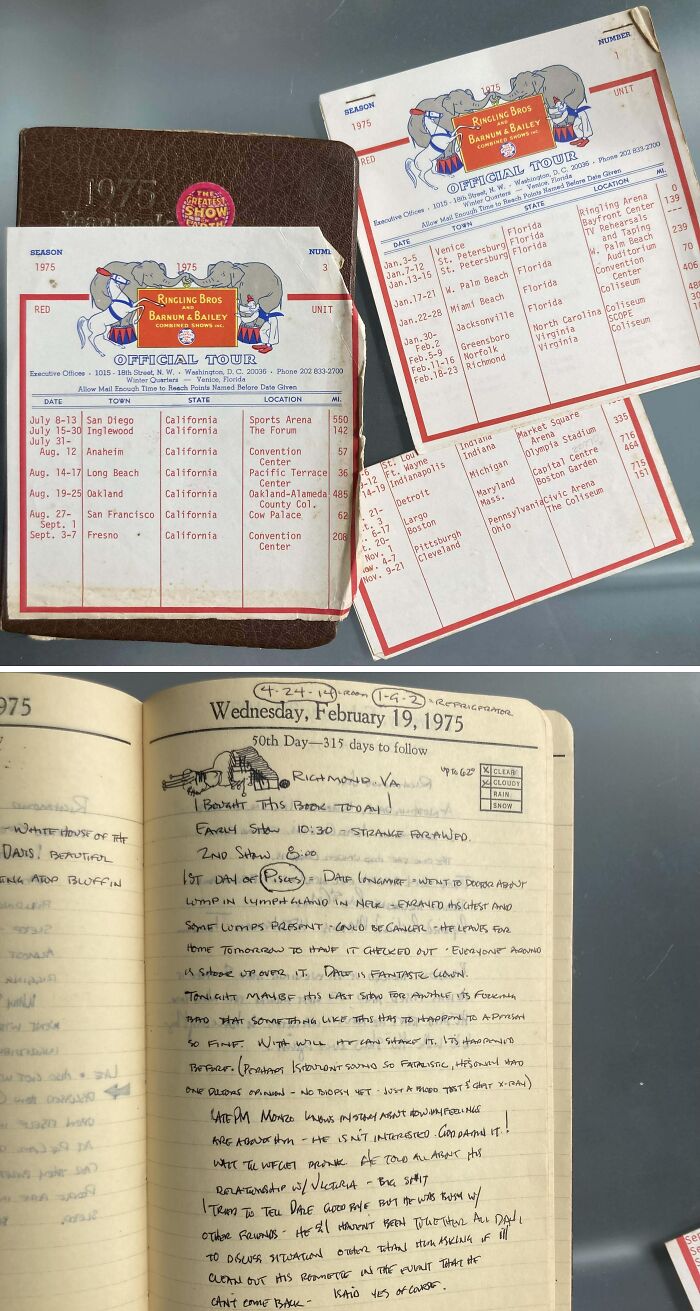 Cool-old-things: 1975 Ringling Bros tour booklet and diary, featuring handwritten notes and vintage circus schedules.