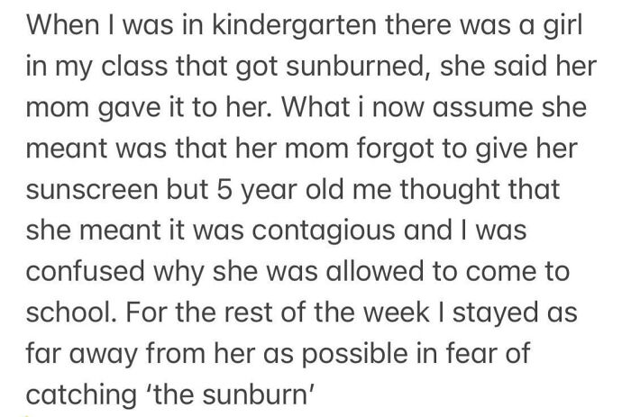 Text image with a kindergarten story about misunderstanding sunburn, highlighting clueless kid's confusion.